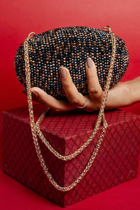 Buy_Nayaab By Sonia_Black Beads Obsidian Grace Eclipse Oval Clutch 