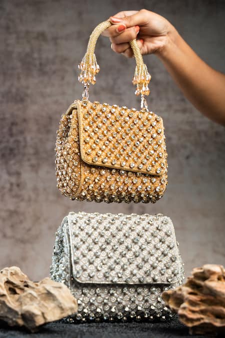 Nayaab By Sonia_Gold Crystals, Beads Aurora Embellished Bag _Online_at_Aza_Fashions