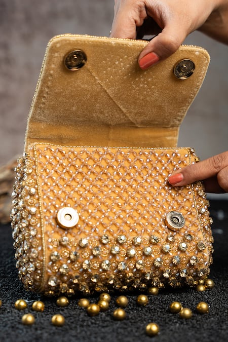 Buy_Nayaab By Sonia_Gold Crystals, Beads Aurora Embellished Bag _Online_at_Aza_Fashions