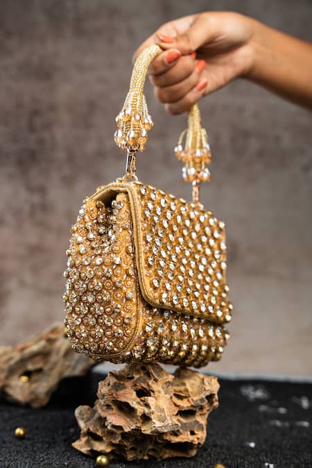 Shop_Nayaab By Sonia_Gold Crystals, Beads Aurora Embellished Bag _Online_at_Aza_Fashions