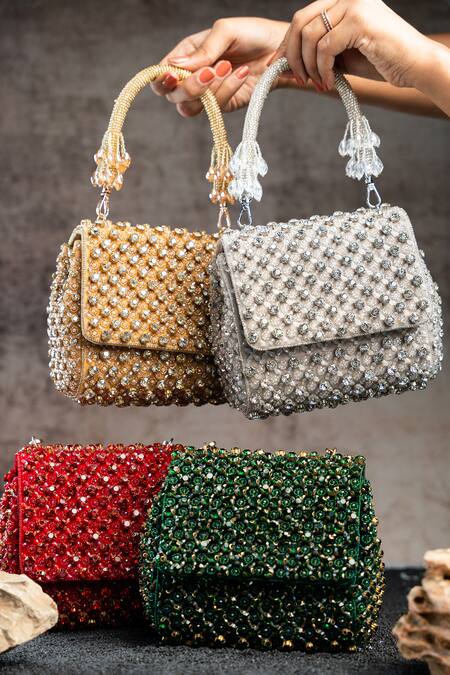 Nayaab By Sonia_Gold Crystals, Beads Aurora Embellished Bag _at_Aza_Fashions