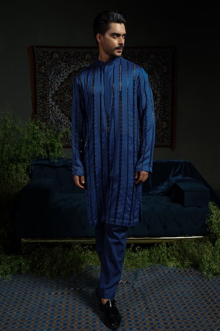 Runit Gupta Midnight Stripe Blue Kurta Set 