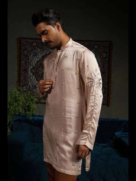 Runit Gupta_Peach , Vegan Beads, Embroidery Palm Kurta Set _Online_at_Aza_Fashions