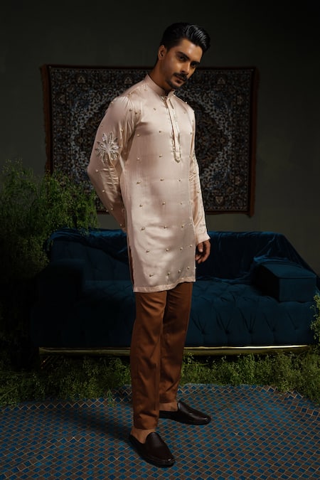 Shop_Runit Gupta_Peach , Vegan Beads, Embroidery Palm Kurta Set _Online_at_Aza_Fashions