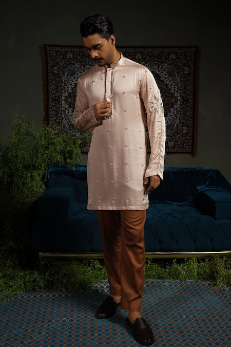 Runit Gupta_Peach , Vegan Beads, Embroidery Palm Kurta Set _at_Aza_Fashions