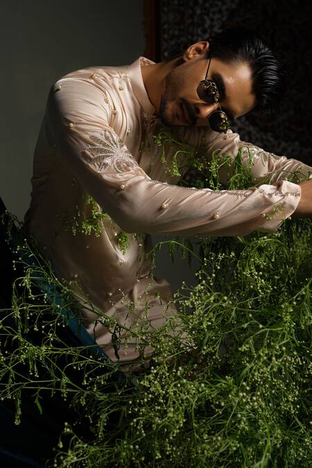 Buy_Runit Gupta_Peach , Vegan Beads, Embroidery Palm Kurta Set 