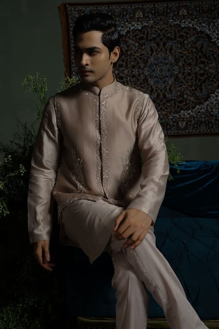 Buy_Runit Gupta_Beige Chanderi Silk Beads, Embroidery Bold Border Nehru Jacket _Online_at_Aza_Fashions