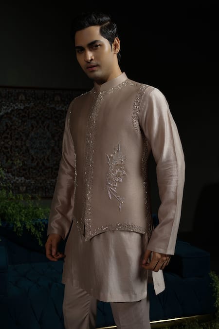 Shop_Runit Gupta_Beige Chanderi Silk Beads, Embroidery Bold Border Nehru Jacket _Online_at_Aza_Fashions