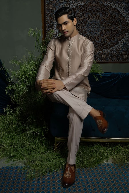 Runit Gupta_Beige Chanderi Silk Beads, Embroidery Bold Border Nehru Jacket _at_Aza_Fashions