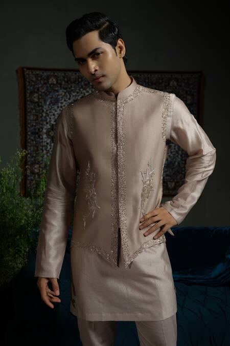 Buy_Runit Gupta_Beige Chanderi Silk Beads, Embroidery Bold Border Nehru Jacket 