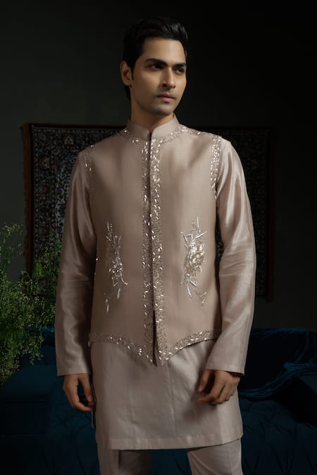 Runit Gupta_Beige Chanderi , Vegan Beads, Embroidery Bold Border Nehru Jacket Set _Online_at_Aza_Fashions