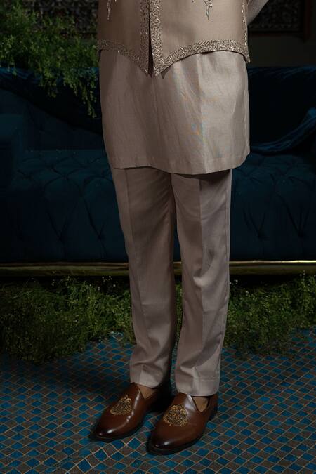 Buy_Runit Gupta_Beige Chanderi , Vegan Beads, Embroidery Bold Border Nehru Jacket Set _Online_at_Aza_Fashions