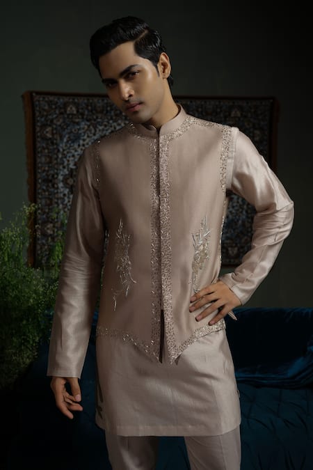 Shop_Runit Gupta_Beige Chanderi , Vegan Beads, Embroidery Bold Border Nehru Jacket Set _Online_at_Aza_Fashions