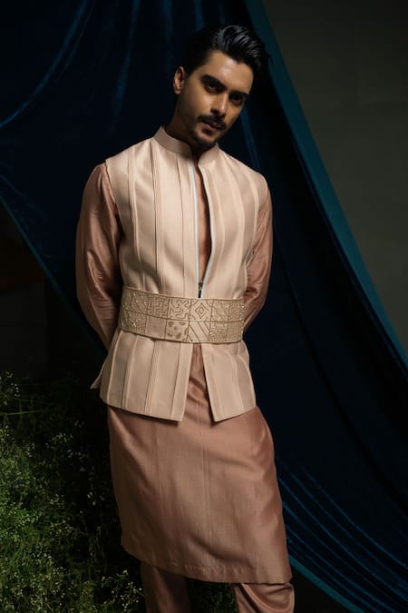 Runit Gupta_Rose Gold Chanderi Silk Peach Pintuck Nehru Jacket _Online_at_Aza_Fashions