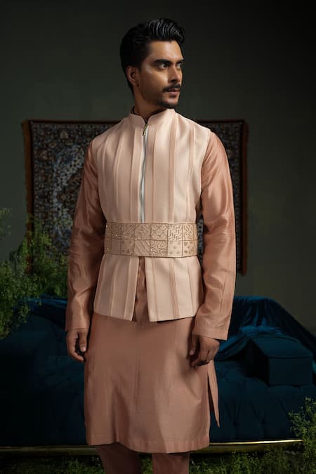 Shop_Runit Gupta_Rose Gold Chanderi Silk Peach Pintuck Nehru Jacket _Online_at_Aza_Fashions