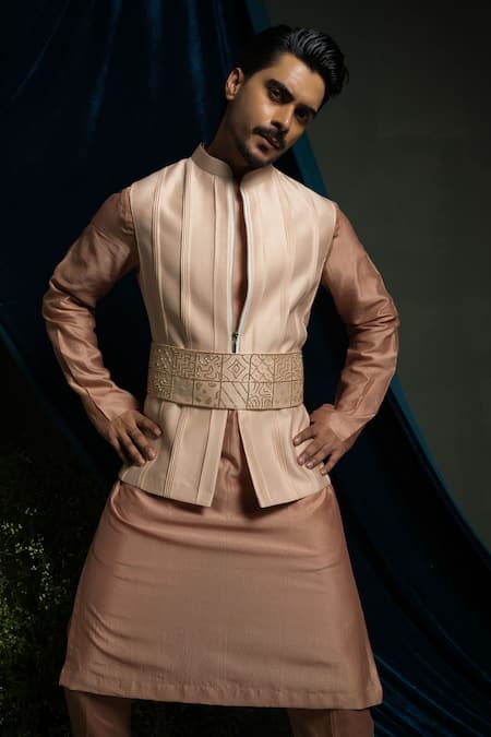 Runit Gupta_Peach Chanderi , Vegan Pink Pintuck Bundi And Kurta Set _Online_at_Aza_Fashions