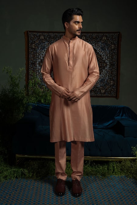 Buy_Runit Gupta_Peach Chanderi , Vegan Pink Pintuck Bundi And Kurta Set _Online_at_Aza_Fashions