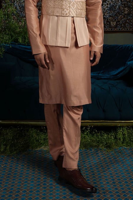 Runit Gupta_Peach Chanderi , Vegan Pink Pintuck Bundi And Kurta Set _at_Aza_Fashions