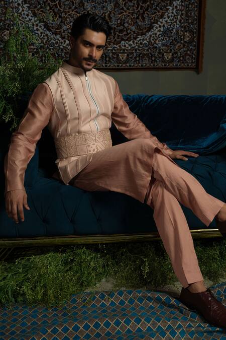 Shop_Runit Gupta_Peach Chanderi , Vegan Pink Pintuck Bundi And Kurta Set 