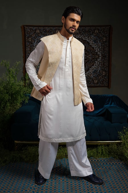 Buy_Runit Gupta_Cream Linen, Cotton Beads Broad Nehru Jacket _Online_at_Aza_Fashions