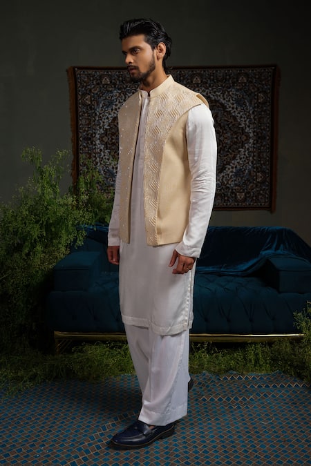 Shop_Runit Gupta_Cream Linen, Cotton Beads Broad Nehru Jacket _Online_at_Aza_Fashions