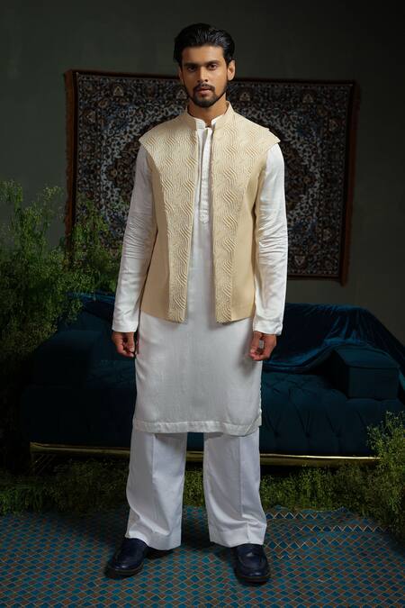 Runit Gupta_Cream Linen, Cotton Beads Broad Nehru Jacket _at_Aza_Fashions