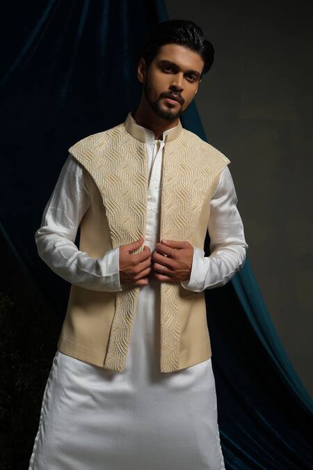 Runit Gupta_Cream Linen, Cotton, , Vegan Beads Broad Embroidered Bundi And Kurta Set _Online_at_Aza_Fashions