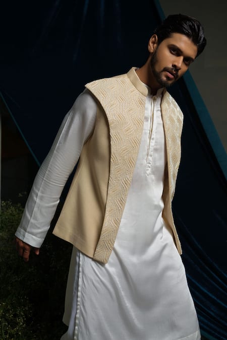 Buy_Runit Gupta_Cream Linen, Cotton, , Vegan Beads Broad Embroidered Bundi And Kurta Set _Online_at_Aza_Fashions