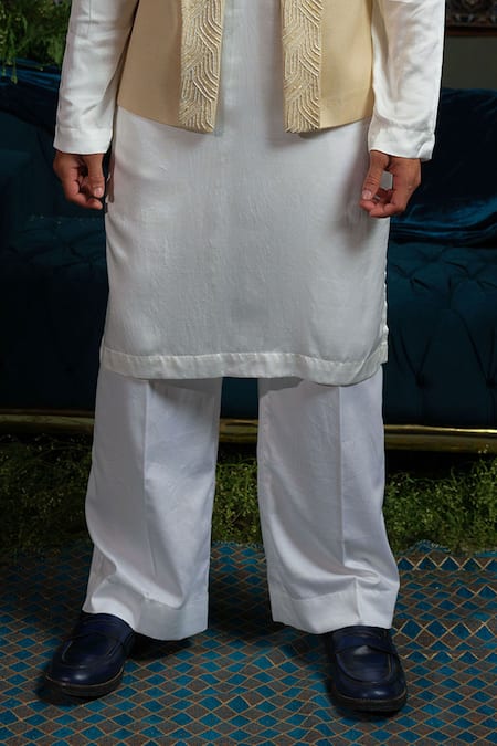 Shop_Runit Gupta_Cream Linen, Cotton, , Vegan Beads Broad Embroidered Bundi And Kurta Set _Online_at_Aza_Fashions