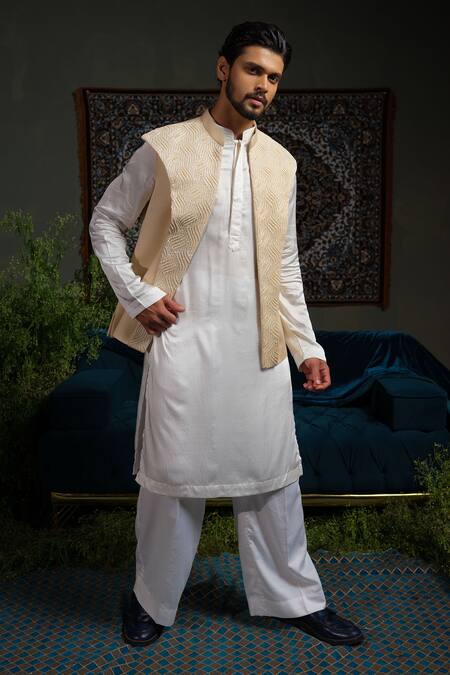 Shop_Runit Gupta_Cream Linen, Cotton, , Vegan Beads Broad Embroidered Bundi And Kurta Set 