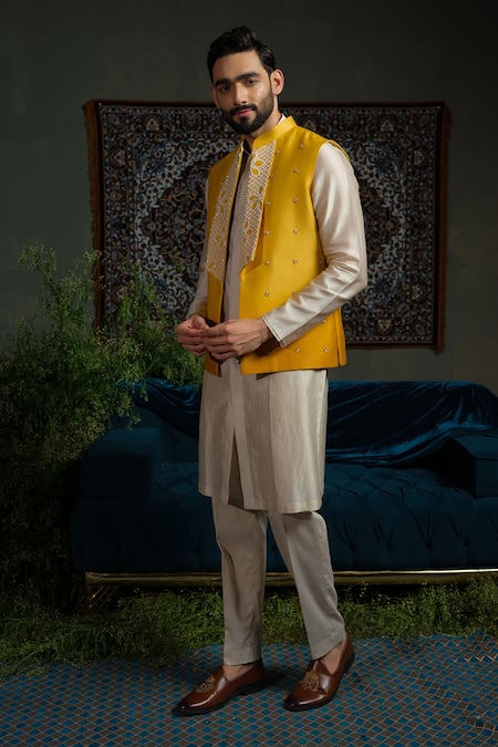 Shop_Runit Gupta_Yellow Chanderi Silk Beads Mari Ombre Nehru Jacket _Online_at_Aza_Fashions