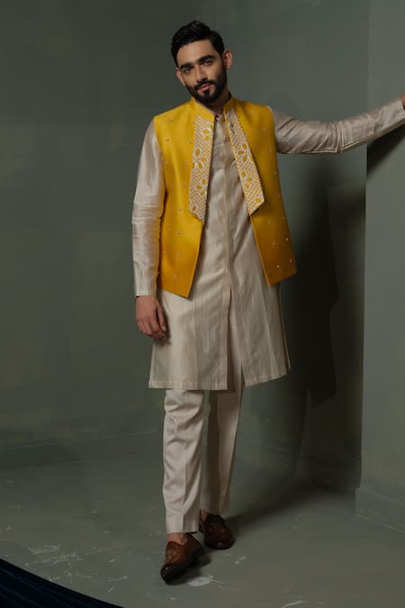 Buy_Runit Gupta_Yellow Chanderi Silk Beads Mari Ombre Nehru Jacket 