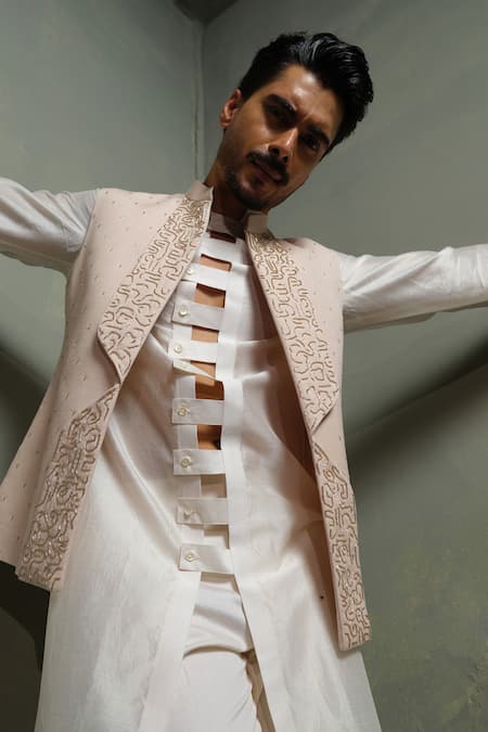Shop_Runit Gupta_Peach Linen, Cotton Embroidery Arch Lapel Rose Nehru Jacket _Online_at_Aza_Fashions