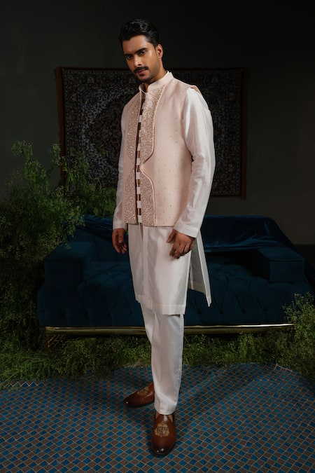 Buy_Runit Gupta_Peach Linen, Cotton Embroidery Arch Lapel Rose Nehru Jacket 