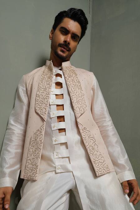Buy_Runit Gupta_Peach Linen, Cotton, Chanderi , Vegan Arch Lapel Rose Bundi And Kurta Set _Online_at_Aza_Fashions