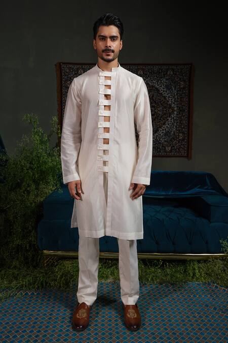 Buy_Runit Gupta_Peach Linen, Cotton, Chanderi , Vegan Arch Lapel Rose Bundi And Kurta Set 