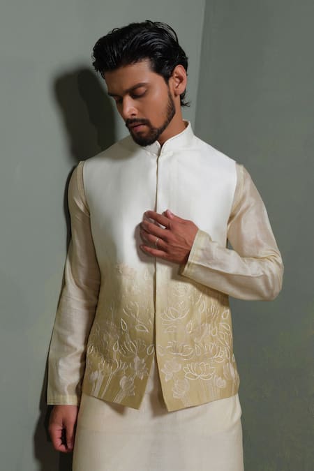 Runit Gupta_Beige Chanderi , Vegan Embroidery Lotus Ombre Bundi And Kurta Set _Online_at_Aza_Fashions