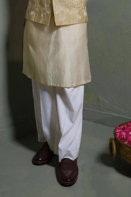 Buy_Runit Gupta_Beige Chanderi , Vegan Embroidery Lotus Ombre Bundi And Kurta Set _Online_at_Aza_Fashions