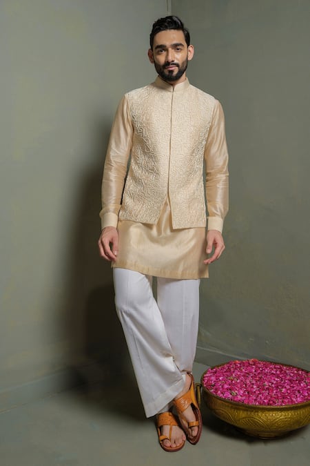 Shop_Runit Gupta_Cream Chanderi Silk Embroidery Amoeba Patch Stripes Nehru Jacket _Online_at_Aza_Fashions