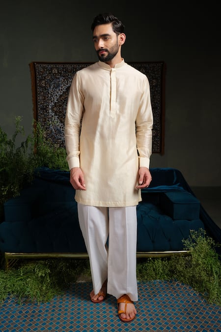 Buy_Runit Gupta_Cream Chanderi , Vegan Amoeba Patch Stripes Bundi And Kurta Set 