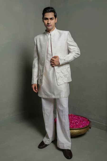 Buy_Runit Gupta_Ivory Silk Embroidery, Piping Flap Bandhgala Set _Online_at_Aza_Fashions