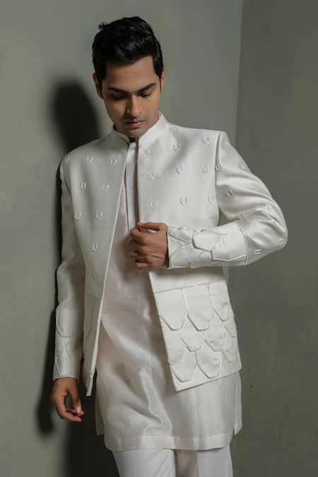 Shop_Runit Gupta_Ivory Silk Embroidery, Piping Flap Bandhgala Set _Online_at_Aza_Fashions