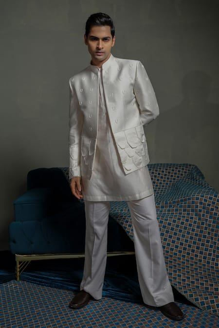 Runit Gupta_Ivory Silk Embroidery, Piping Flap Bandhgala Set _at_Aza_Fashions