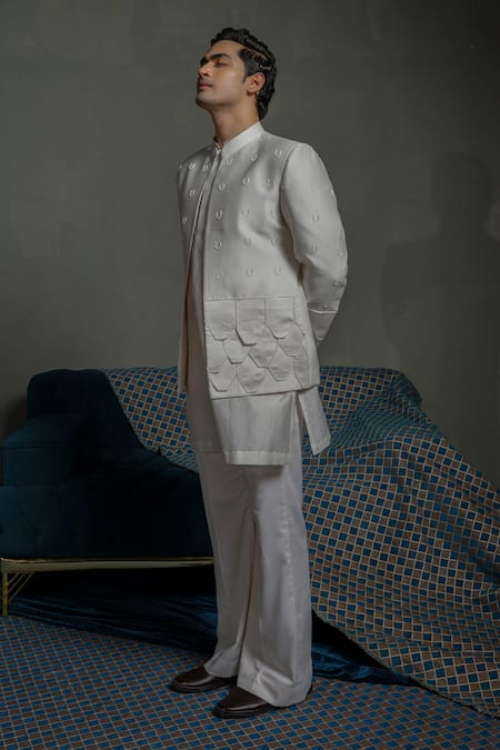 Buy_Runit Gupta_Ivory Silk Embroidery, Piping Flap Bandhgala Set 