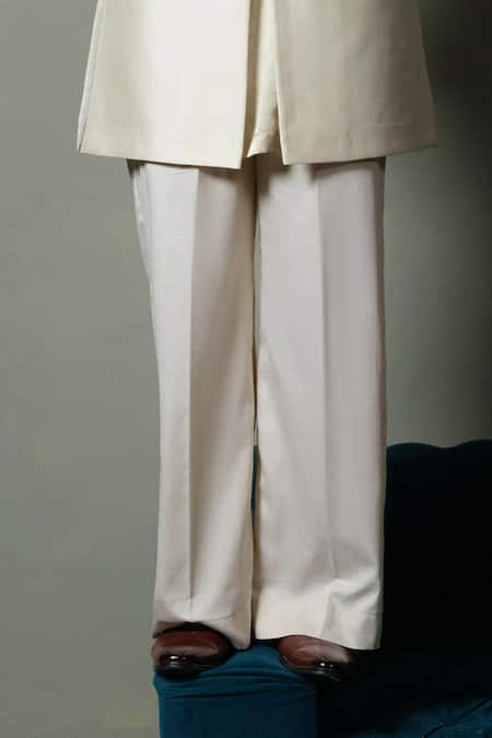Runit Gupta_Ivory Silk Piping Dusty Flap Sherwani Set _Online_at_Aza_Fashions