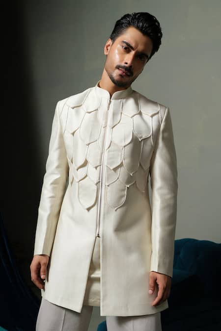 Buy_Runit Gupta_Ivory Silk Piping Dusty Flap Sherwani Set _Online_at_Aza_Fashions