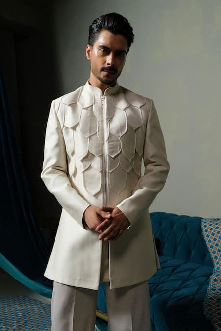 Shop_Runit Gupta_Ivory Silk Piping Dusty Flap Sherwani Set _Online_at_Aza_Fashions