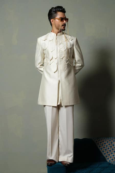 Runit Gupta Dusty Ivory Flap Sherwani Set 