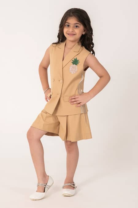 Shop_Partykles_Beige Embroidery, Sequins Pineapple Double Breasted Blazer And Shorts _Online_at_Aza_Fashions