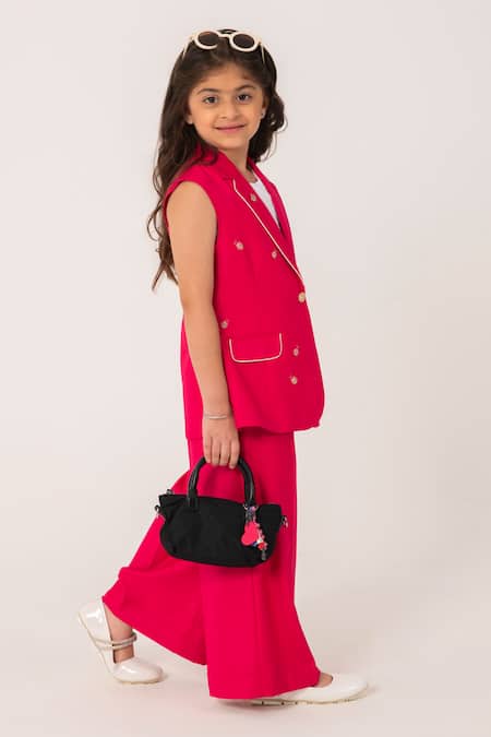 Partykles_Fuchsia Embroidery Ladybug Sleeveless Blazer And Trouser Set _Online_at_Aza_Fashions